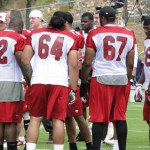 Members of the offensive line communicate during Cardinals 
Training Camp in Flagstaff Wednesday. (Photo: Vince 
Marotta/Arizona Sports)