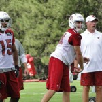 Rookie QB Ryan Lindley throws a pass as head coach Ken Whisenhunt 
looks on during Cardinals Training Camp in Flagstaff Wednesday. 
(Photo: Vince Marotta/Arizona Sports)
