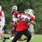Receiver Isaiah Williams tracks a ball in one-on-one coverage with 
cornerback William Gay during Arizona Cardinals Training Camp in 
Flagstaff. (Photo: Vince Marotta/Arizona Sports)