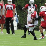 Rookie receiver Stanley Arukwe catches a pass against rookie corner 
Jamell Fleming during Arizona 
Cardinals Training Camp in Flagstaff Friday. (Photo: Vince 
Marotta/Arizona 
Sports)