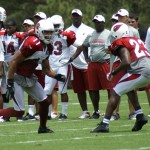 Larry Fitzgerald gets off the line of scrimmage 
at Cardinals training camp Saturday, July 28. 
(Adam Green/Arizona Sports)