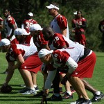 Kevin Kolb lines up under center during the team's morning walk-
through at training camp August 1. (Adam Green/Arizona Sports)