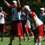 Kevin Kolb calls out a play during the team's morning walk-through at 
training camp August 1. (Adam Green/Arizona Sports)