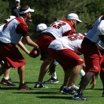 Kevin Kolb receives the snap during the team's morning walk-through 
at training camp August 1. (Adam Green/Arizona Sports)