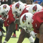 The defensive line awaits the snap during Cardinals training camp in Flagstaff Thursday, August 14. (Photo: Vince Marotta/Arizona Sports)