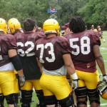 Members of ASU's offensive line get instruction at Camp Tontozona Friday, August 17, 2012. (Photo: Vince Marotta/Arizona Sports)