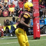 WR Rashad Ross after scoring one of his three touchdowns during Saturday's scrimmage at Camp Tontozona. (Photo: Vince Marotta/Arizona Sports)