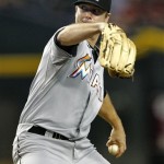 Miami Marlins' Wade LeBlance delivers a pitch to the Arizona Diamondbacks during the first inning of a baseball game, the second of a doubleheader, Wednesday, Aug. 22, 2012, in Phoenix. (AP Photo/Matt York)