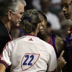 Phoenix Mercury forward Cappie Pondexter disputes a call by referee June Courteau as Mercury head coach Paul Westhead and teammate Tangela Smith look on in the fourth quarter. AP Photo/Carlos Osorio