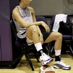 Phoenix Mercury guard Kelly Mazzante rests during basketball practice Monday. The Mercury face the Detroit Shock in Game 3 of the WNBA Finals Tuesday in Phoenix. AP Photo/Matt York
