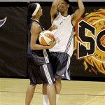 Detroit Shock guard Deanna Nolan and teammate Plenette Pierson are shown during basketball practice Monday. The Shock face the Phoenix Mercury in Game 3 of the WNBA Finals Tuesday in Phoenix. AP Photo/Matt York