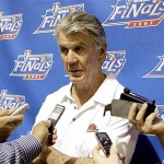 Phoenix Mercury head coach Paul Westhead speaks to the media during basketball practice Monday. The Mercury face the Detroit Shock in Game 3 of the WNBA Finals Tuesday in Phoenix. AP Photo/Matt York