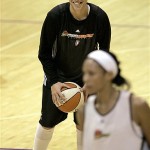 Phoenix Mercury forward Diana Taurasi looks to pass the ball during basketball practice Monday. The Mercury face the Detroit Shock in Game 3 of the WNBA Finals Tuesday in Phoenix. AP Photo/Matt York