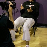 Detroit Shock forward Swin Cash is interviewed during basketball practice Monday. The Shock face the Phoenix Mercury in Game 3 of the WNBA finals Tuesday in Phoenix. AP Photo/Matt York
