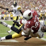  Arizona Cardinals strong safety Adrian Wilson (24) intercepts a pass intended for Pittsburgh Steelers tight end Heath Miller (83) in the end zone during the third quarter of an NFL football game Sunday, Sept. 30, 2007, in Glendale, Ariz. (AP Photo/Matt York)