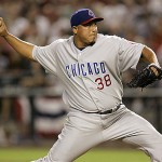 Chicago Cubs pitcher Carlos Zambrano delivers a pitch against the Arizona Diamondbacks during the first inning of Game 1 of their National League Division Series baseball game Wednesday. AP Photo/Matt York