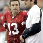Arizona Cardinals quarterbacks Matt Leinart, right, and Kurt Warner, watch from the sidelines against the Carolina Panthers during the second quarter of an NFL football game Sunday, Oct. 14, 2007 in Glendale, Ariz. Warner was replaced by backup Tim Rattay after Warner was injured in the second quarter. (AP Photo/Matt York)
