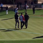 Bubba Watson lines up his putt with his partner Michael Phelps at the Annexus Pro-Am on Wednesday Morning at TPC Scottsdale. (Photo by Kyndra de St. Aubin/Arizona Sports)