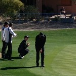 Bill Haas putts while Aaron Hill (crouching) and Wade Miley look on at the Annexus Pro-Am on Wednesday morning. (Photo by Kyndra de St. Aubin/Arizona Sports)