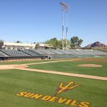 The ASU pitchfork logo adorns the playing field at Phoenix Municipal Stadium. The university and the City of Phoenix announced their 25-year lease agreement that will allow ASU to play home baseball games at the historic park starting in 2015. (Photo: Jim Cross/KTAR)