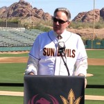 ASU VP of Athletics Steve Patterson speaks Tuesday morning at Phoenix Municipal Stadium. The university and the City of Phoenix announced their 25-year lease agreement that will allow ASU to play home baseball games at the historic park starting in 2015. (Photo: Jim Cross/KTAR)