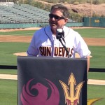 ASU head baseball coach Tim Esmay speaks Tuesday morning at Phoenix Municipal Stadium. The university and the City of Phoenix announced their 25-year lease agreement that will allow ASU to play home baseball games at the historic park starting in 2015. (Photo: Jim Cross/KTAR)