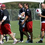 Cardinals quarterbacks from left: Ryan Lindley, Carson Palmer, Drew Stanton and Brian Hoyer during voluntary veterans mini-camp at the team's Tempe training facility on April 23, 2013. (Adam Green/Arizona Sports)