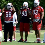 Cardinals defenders Daryl Washington, Darnell Dockett and Calais Campbell watch during voluntary veterans mini-camp at the team's Tempe training facility on April 23, 2013. (Adam Green/Arizona Sports)