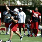 Drew Stanton throws a pass while Darnell Dockett watches during voluntary veterans mini-camp at the team's Tempe training facility on April 23, 2013. (Adam Green/Arizona Sports)