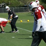 Carson Palmer looks at receiver Michael Floyd during voluntary veterans mini-camp at the team's Tempe training facility on April 23, 2013. (Adam Green/Arizona Sports)