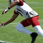 Receiver Larry Fitzgerald reaches for the ball as it heads to the turf during Arizona Cardinals OTAs on Tuesday, May 14 at the team's Tempe training facility. (Adam Green/Arizona Sports)