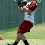 Rookie receiver Ryan Swope comes down with the long pass during Arizona Cardinals OTAs on Tuesday, May 14 at the team's Tempe training facility. (Adam Green/Arizona Sports)