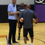 Kareem Abdul-Jabbar speaks with Phoenix Mercury assistant coach Earl Cureton as well as GM/Head Coach Corey Gaines at practice on Wednesday, May 15 at the US Airways Center. (Craig Grialou/Arizona Sports)