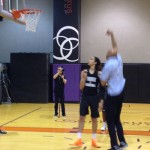 Kareem Abdul-Jabbar shows Brittney Griner the sky hook during practice on Wednesday, May 15 at the US Airways Center. (Craig Grialou/Arizona Sports)