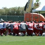 Arizona Cardinals kneel down during OTAs on May 21, 2013 at the team's Tempe training facility. (Adam Green/Arizona Sports)