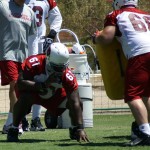 Rookie guard Jonathan Cooper lines up opposite Adam Bice to run through a drill during OTAs on May 21, 2013 at the team's Tempe training facility. (Adam Green/Arizona Sports)