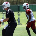 Quarterback Carson Palmer and receiver Andre Roberts line up during OTAs on May 21, 2013 at the team's Tempe training facility. (Adam Green/Arizona Sports)