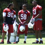 Darnell Dockett, Daryl Washington and Calais Campbell share some words during OTAs on May 21, 2013 at the team's Tempe training facility. (Adam Green/Arizona Sports)