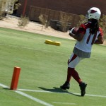 Receiver Larry Fitzgerald reaches the end zone during Arizona Cardinals OTAs on Thursday, June 6, 2013. (Adam Green/Arizona Sports)