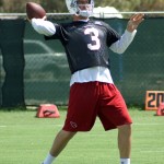 Quarterback Carson Palmer prepares to throw during minicamp on Wednesday, June 12, at the team's Tempe training facility. (Adam Green/Arizona Sports)