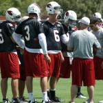 Cardinals quarterbacks chat during minicamp on Wednesday, June 12, at the team's Tempe training facility. (Adam Green/Arizona Sports)