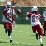 Receiver Dan Buckner flips the ball to Charles Hawkins during minicamp on Wednesday, June 12, at the team's Tempe training facility. (Adam Green/Arizona Sports)