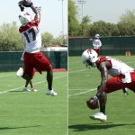 In this sequence, receiver LaRon Byrd goes up to make a catch and tries to hang on during minicamp on Wednesday, June 12, at the team's Tempe training facility. (Adam Green/Arizona Sports)