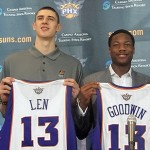 Suns first round picks Alex Len and Archie Goodwin pose with Lon Babby and Ryan McDonough at US Airways Center. (Photo: Vince Marotta/Arizona Sports)