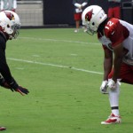 DB Jamell Fleming lines up against WR Andre Roberts during training camp on Friday, July 26 at University of Phoenix Stadium in Glendale. (Adam Green/Arizona Sports)