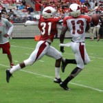 Defensive back Justin Bethel defends on a pass to Jaron Brown during the Cardinals' Red & White Practice Saturday, August 3 at University of Phoenix Stadium in Glendale. (Adam Green/Arizona Sports)