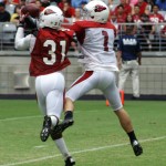 Defensive back Justin Bethel steps in front of a pass intended for Robby Toma during the Cardinals' Red & White Practice Saturday, August 3 at University of Phoenix Stadium in Glendale. (Adam Green/Arizona Sports)
