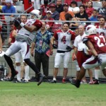 Receiver Michael Floyd hauls in a pass during the Cardinals' Red & White Practice Saturday, August 3 at University of Phoenix Stadium in Glendale. (Adam Green/Arizona Sports)