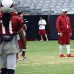 Head coach Bruce Arians is in the background while receiver Larry Fitzgerald is in the foreground during Arizona Cardinals training camp Monday, Aug. 12, at University of Phoenix Stadium in Glendale. (Adam Green/Arizona Sports)