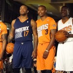 Eric Bledsoe, P.J. Tucker, Caron Butler and Archie Goodwin model the new Suns uniforms. (Photo: Vince Marotta/Arizona Sports)